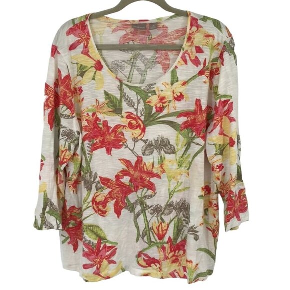 Chico's 3 Floral Print Scoop Neck 3/4 Sleeve Top Size XL orange Womens Blouse - Picture 1 of 13